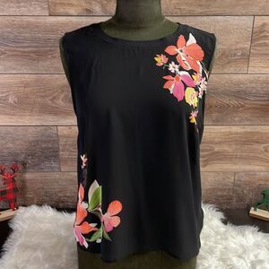 A.N.D. Ladies Black Knit Tank Style Dressy Pullover Top, Size L, Black Floral